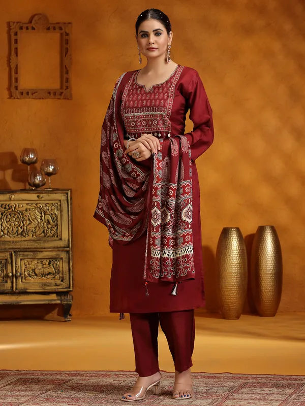 Wine printed silk salwar suit for festive