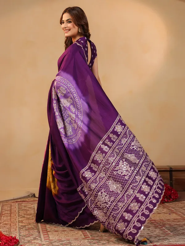 Wine printed silk saree for celebrations