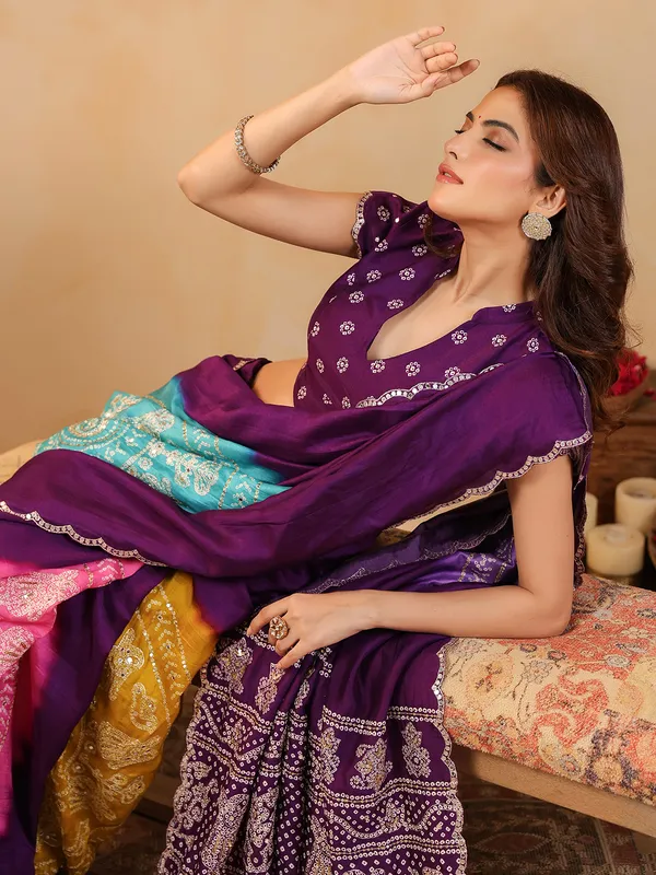 Wine printed silk saree for celebrations
