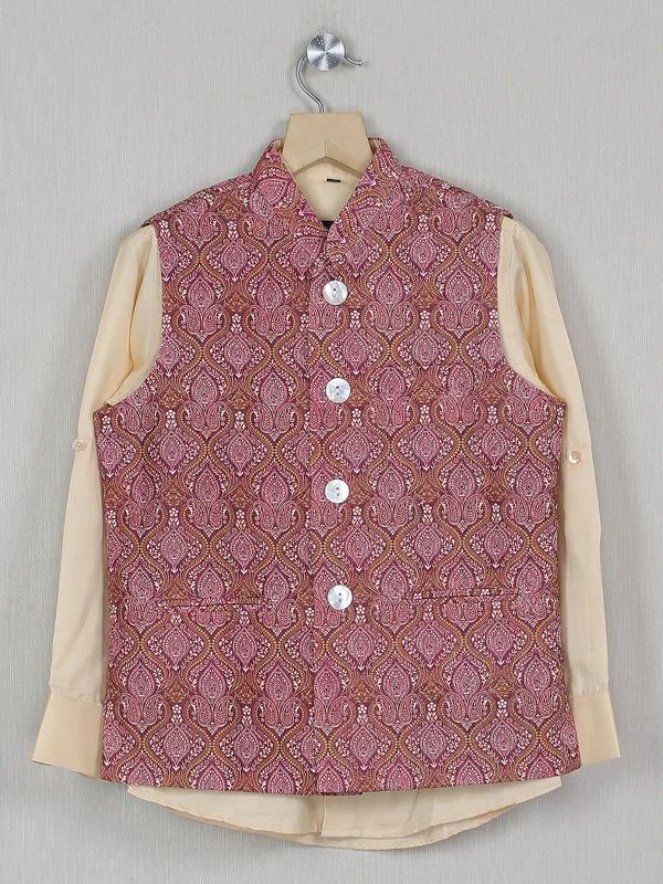 Wine cotton silk printed boys waistcoat with shirt