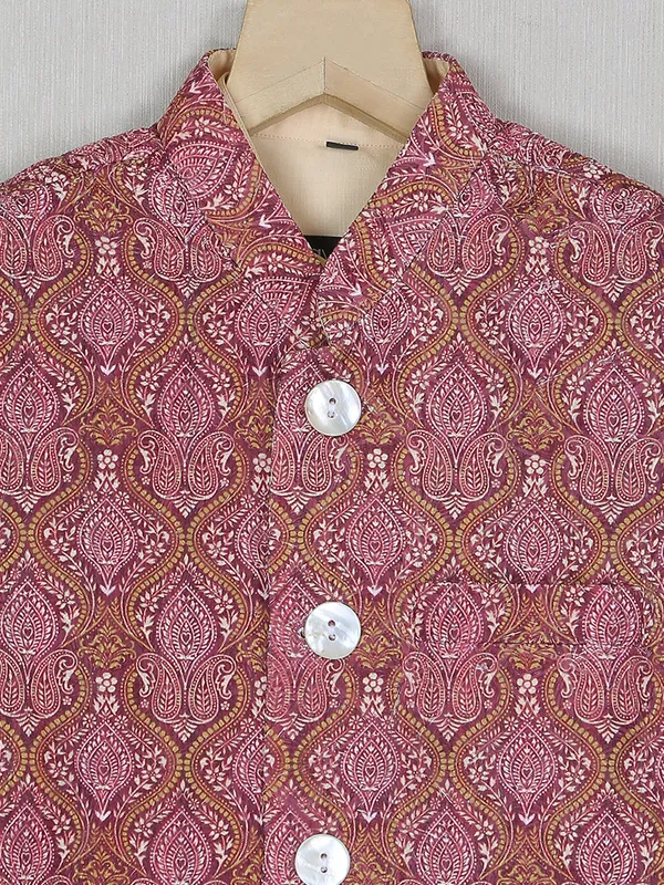 Wine cotton silk printed boys waistcoat with shirt