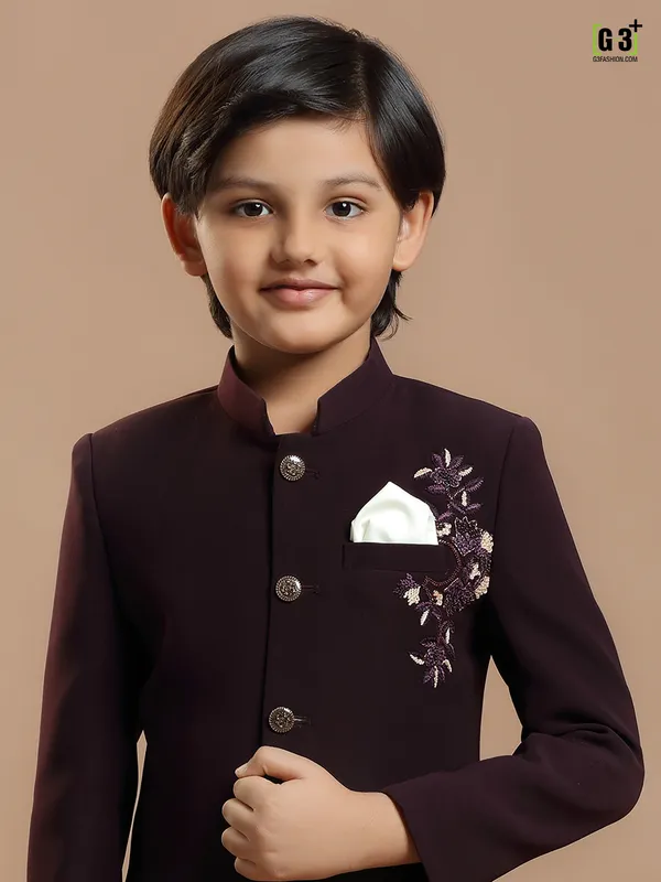 Wine hue festive wear indowestern for boys