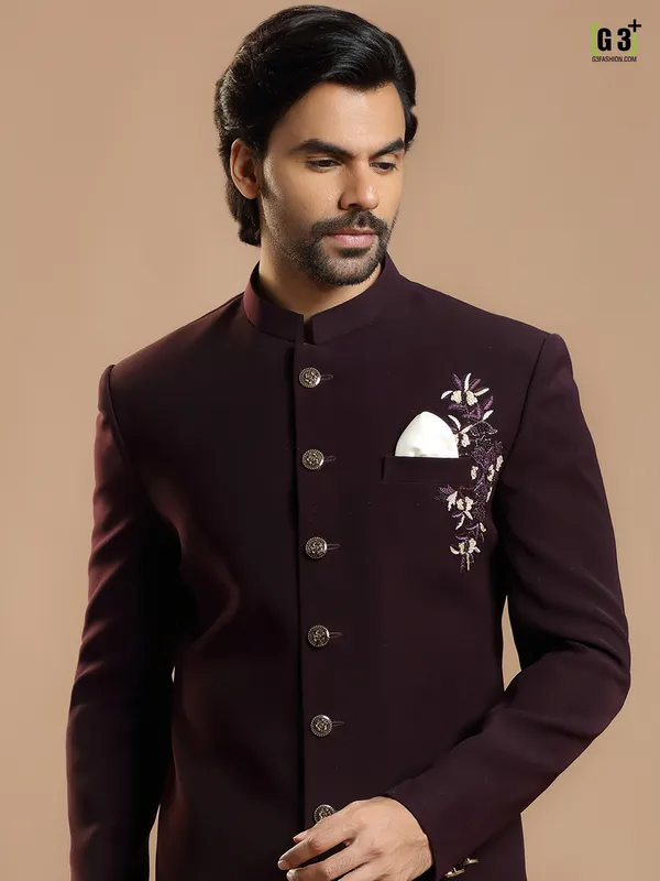 Wine hue party wear indowestern for men