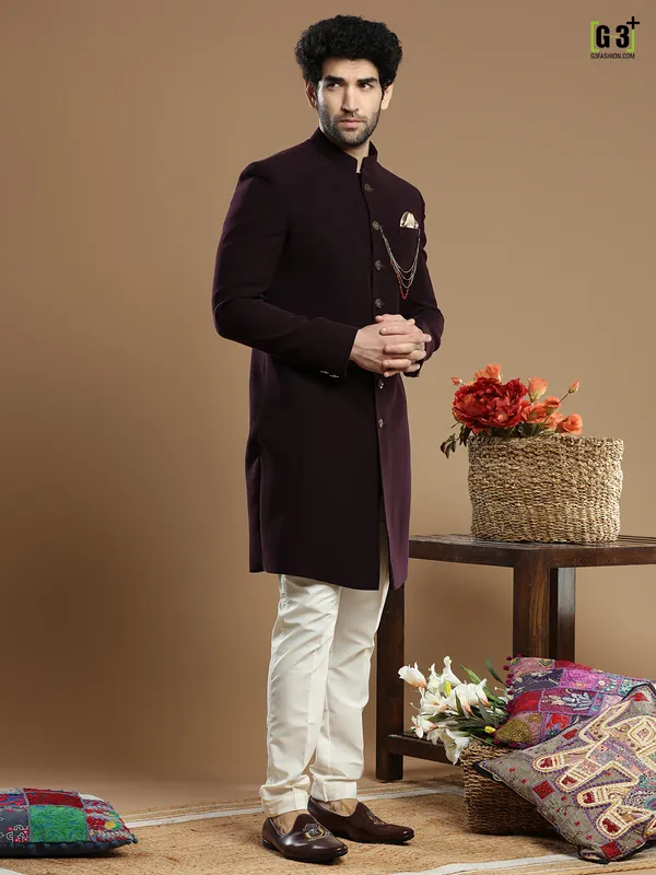 Wine hued terry rayon wedding wear indo western for men