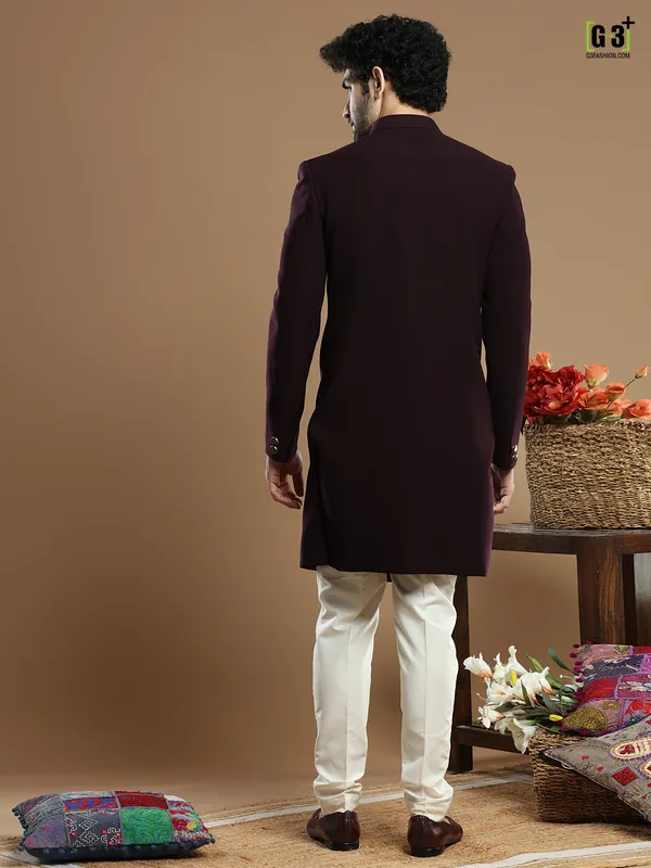 Wine hued terry rayon wedding wear indo western for men