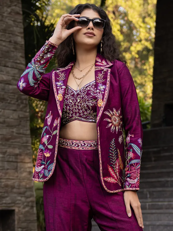 Wine raw silk jacket style palazzo suit
