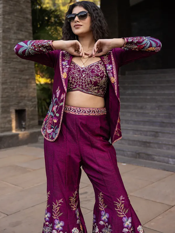 Wine raw silk jacket style palazzo suit