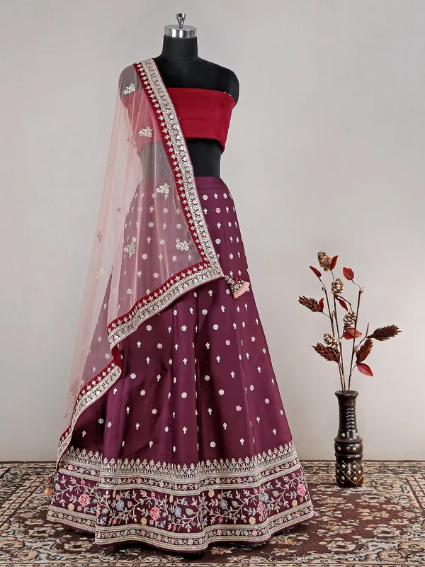 Wine raw silk lehenga choli for wedding wear