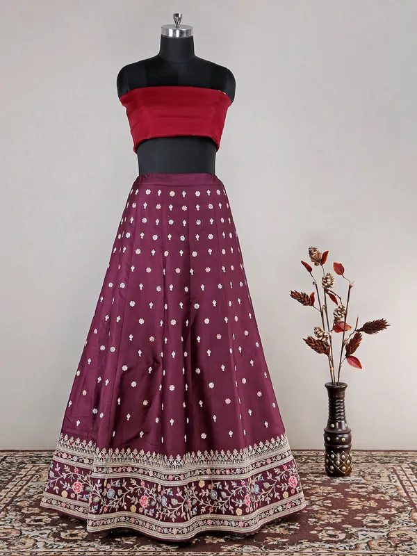 Wine raw silk lehenga choli for wedding wear