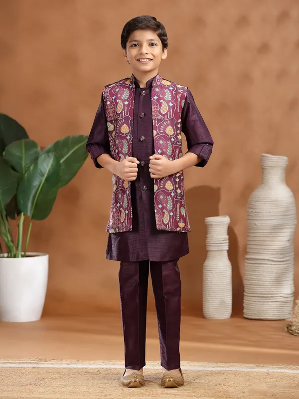 Wine raw silk waistcoat set for wedding wear
