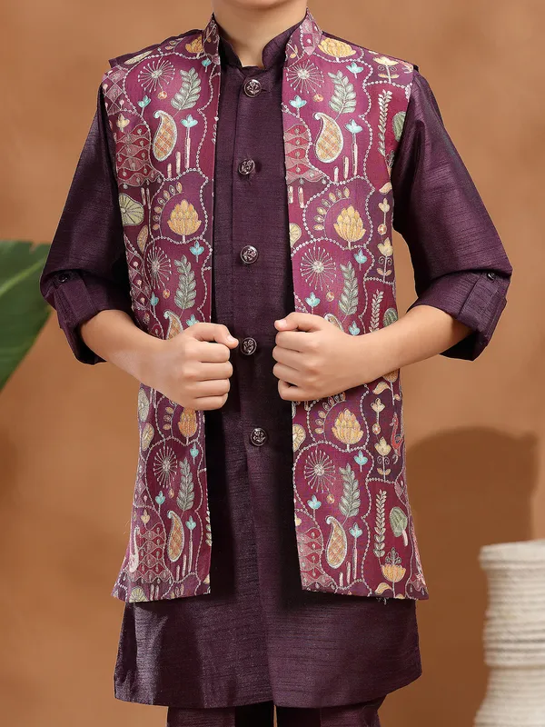Wine raw silk waistcoat set for wedding wear