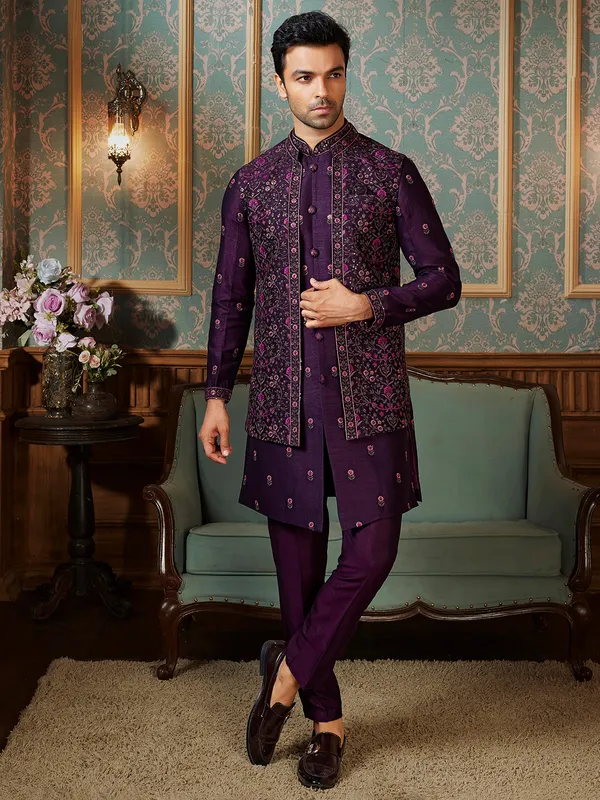 Wine raw silk waistcoat set with colorful embroidery