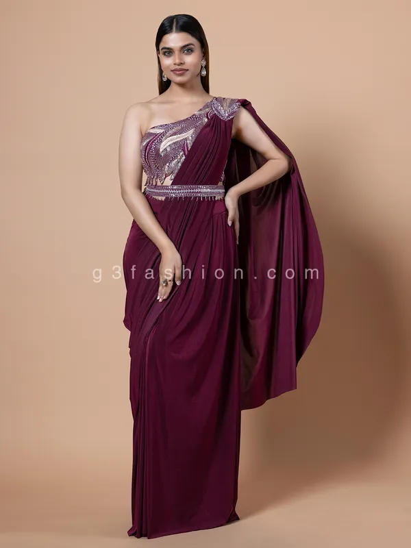 Wine ready to wear lycra saree