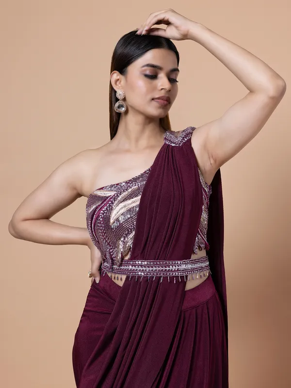 Wine ready to wear lycra saree