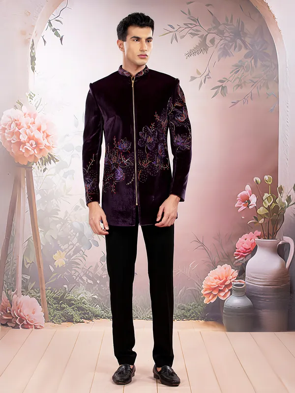 Wine reception wear velvet jodhpuri suit