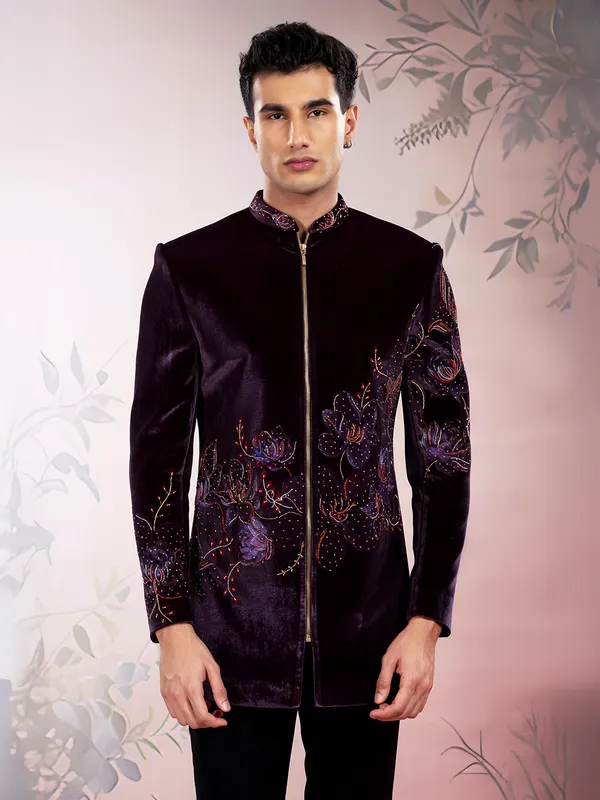 Wine reception wear velvet jodhpuri suit