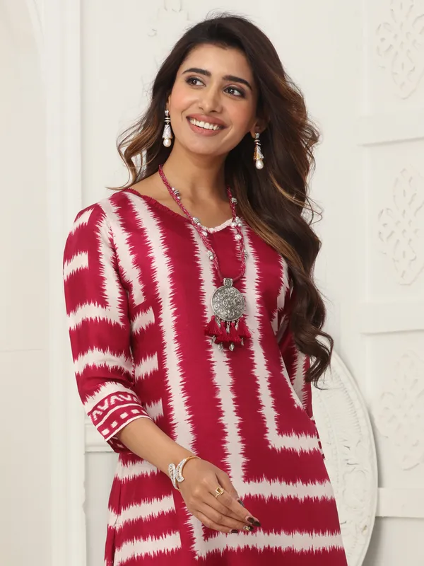 Wine russian silk kurti set with print