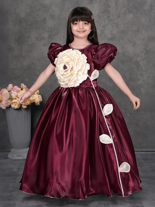 Wine satin silk gown with cutdana and stone work