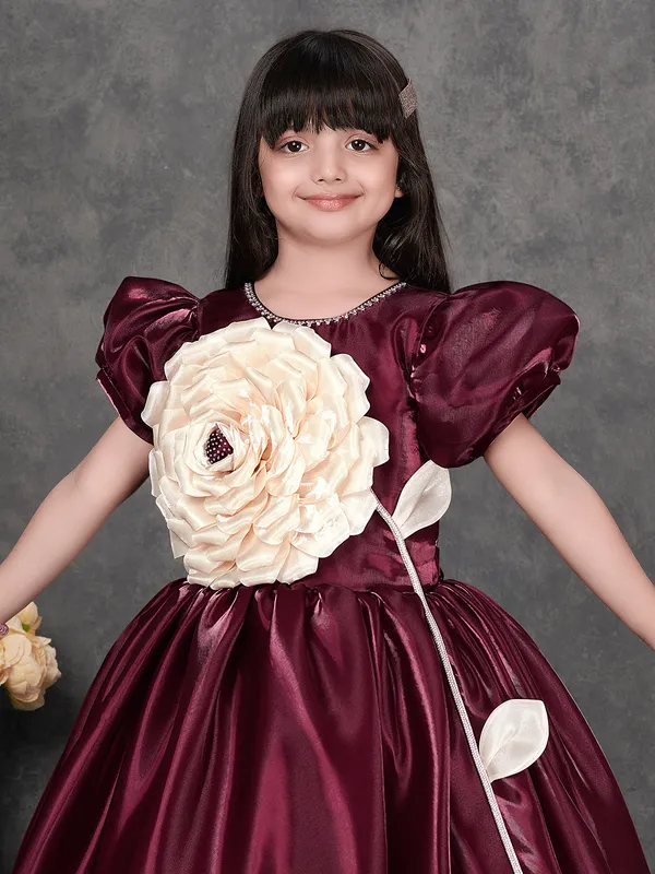 Wine satin silk gown with cutdana and stone work