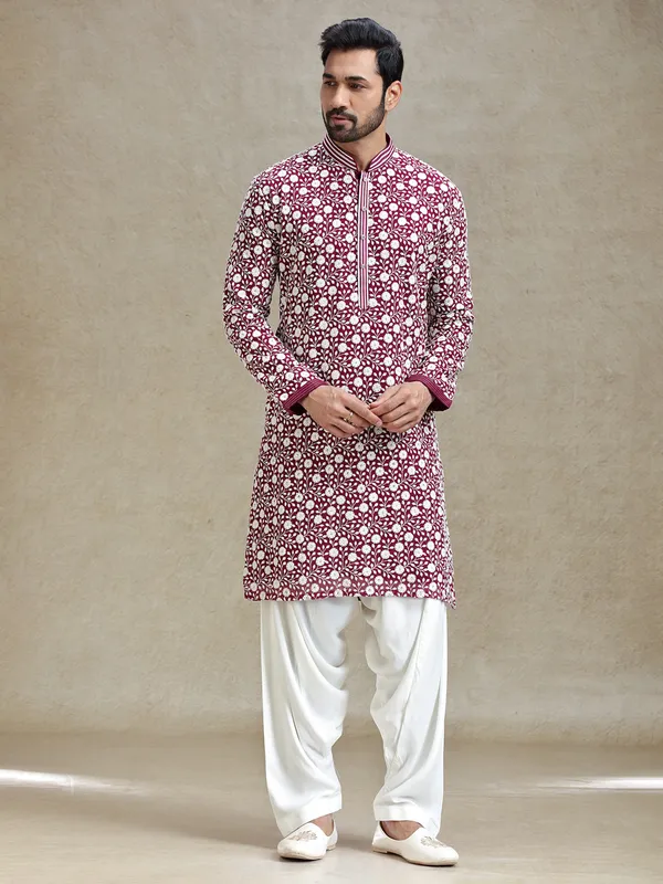 Wine shades kurta set for festive charm