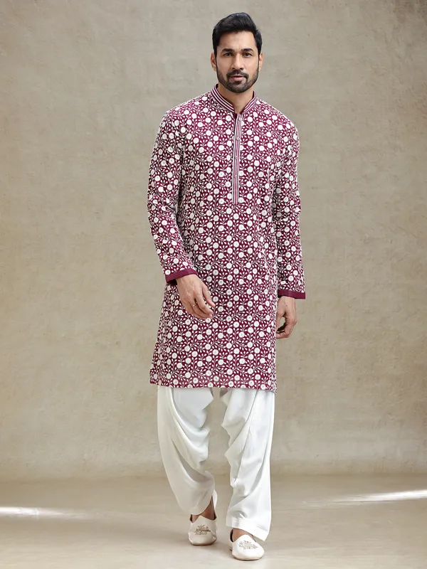Wine shades kurta set for festive charm