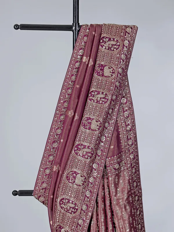 Wine shimmer tissue silk wedding wear saree