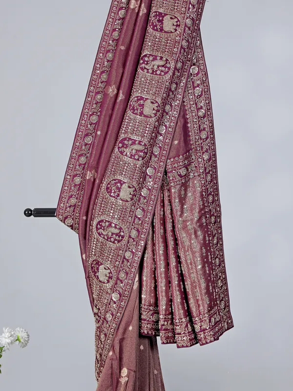 Wine shimmer tissue silk wedding wear saree