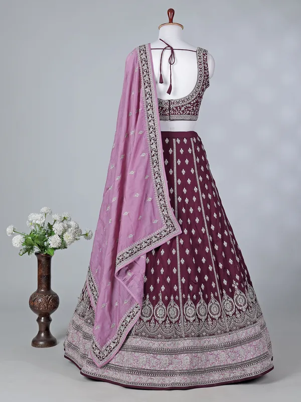 Wine silk bridal lehenga choli with dupatta
