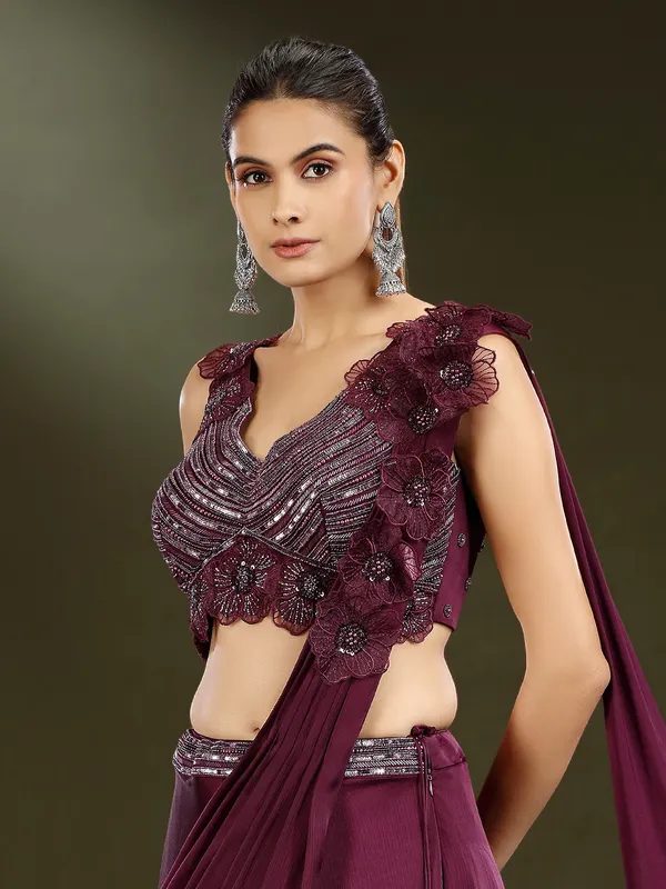 Wine silk designer lehenga choli with attached dupatta