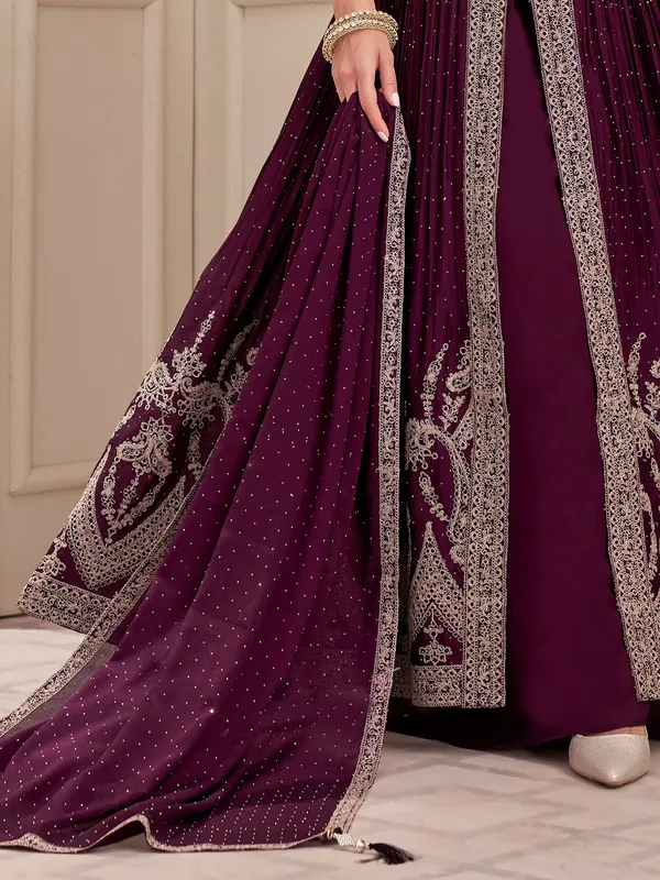 Wine silk elegant zari work designer palazzo salwar suit with dupatta