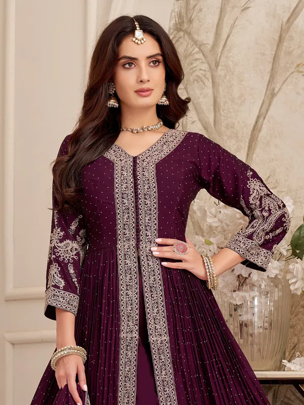 Wine silk elegant zari work designer palazzo salwar suit with dupatta