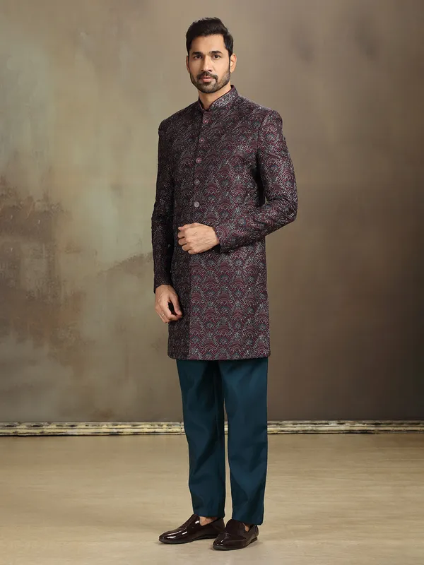 Wine silk embroidered regal indo western set