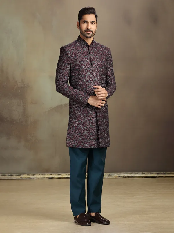 Wine silk embroidered regal indo western set
