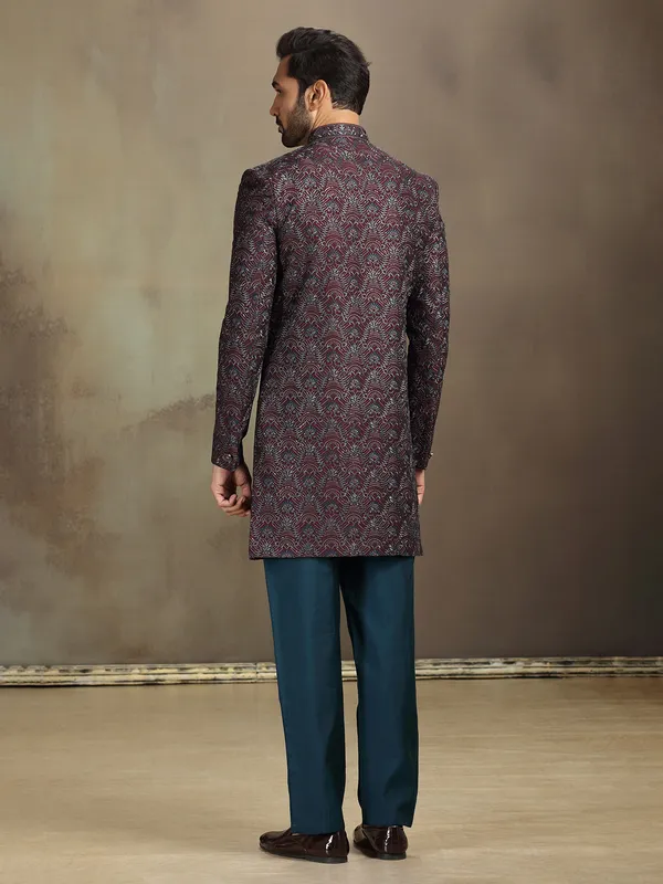 Wine silk embroidered regal indo western set