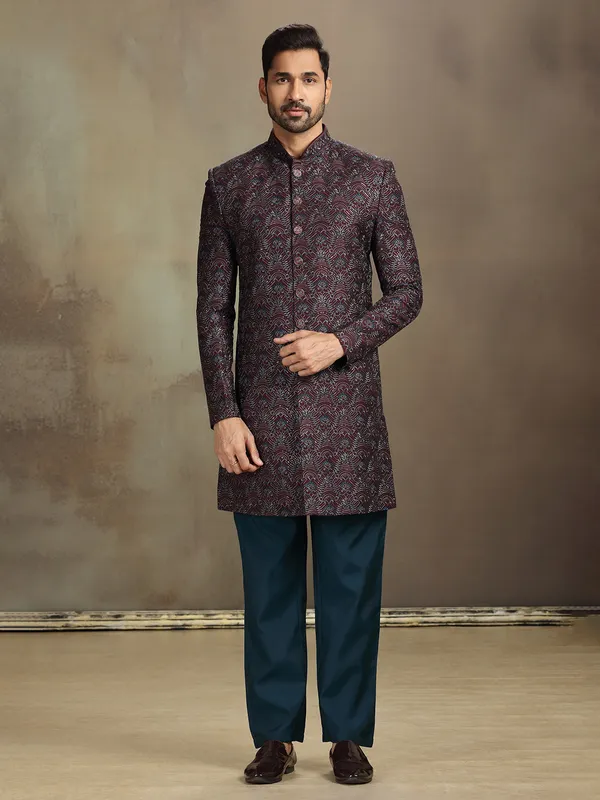Wine silk embroidered regal indo western set