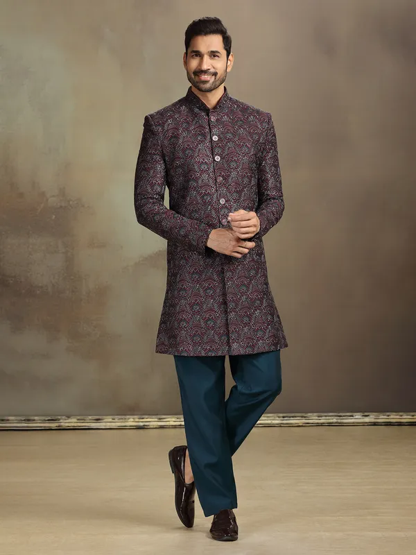 Wine silk embroidered regal indo western set