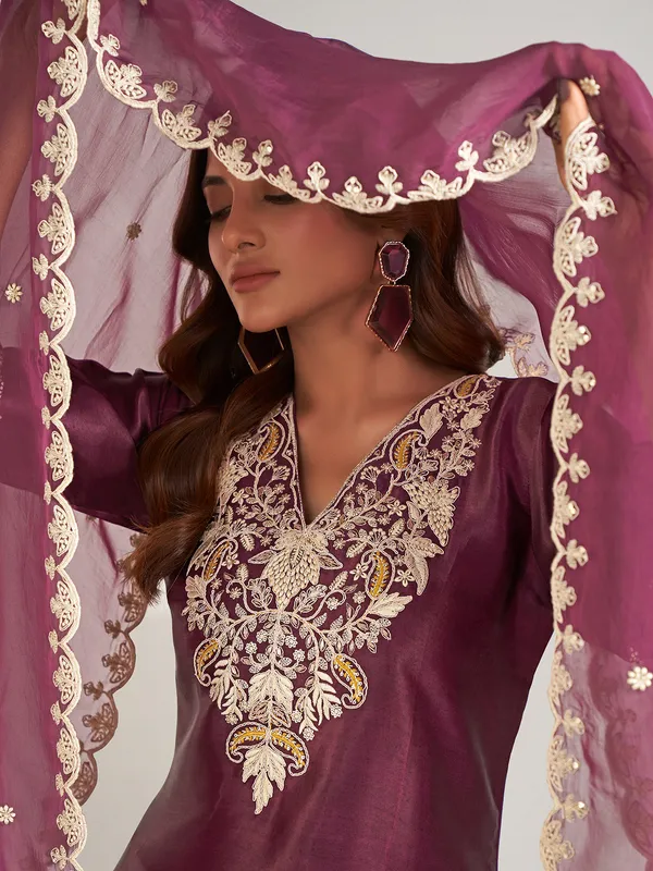 Wine silk festival wear salwar suit with dupatta