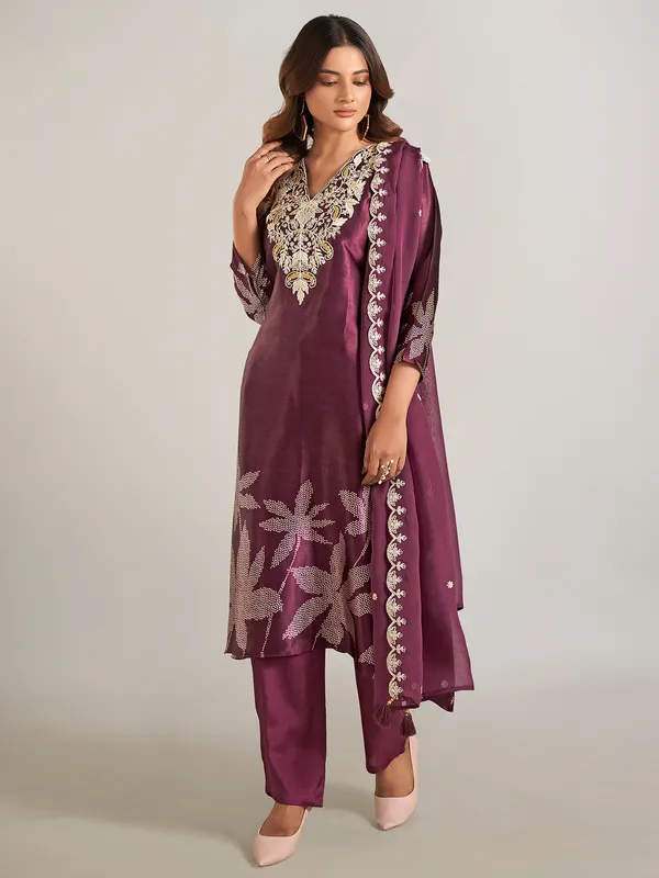 Wine silk festival wear salwar suit with dupatta