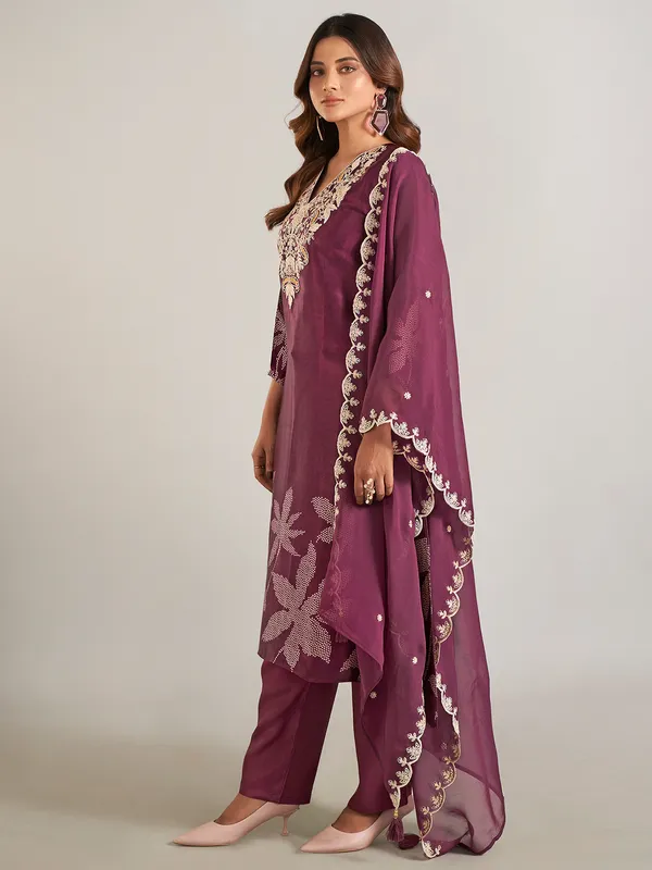 Wine silk festival wear salwar suit with dupatta