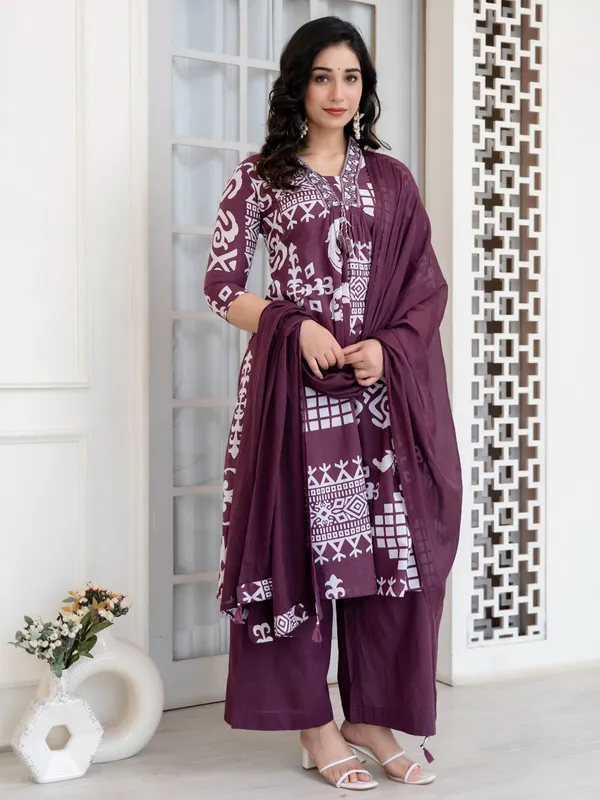Wine cotton festive wear kurti set