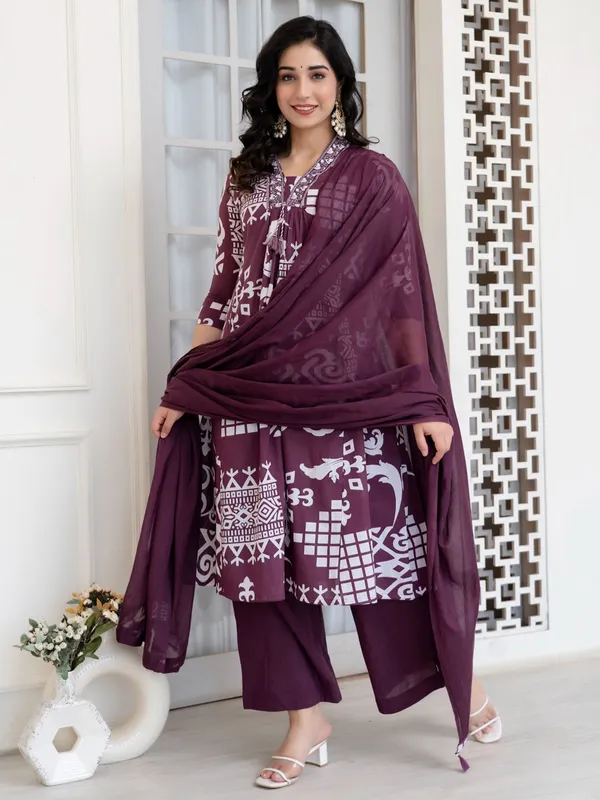 Wine cotton festive wear kurti set