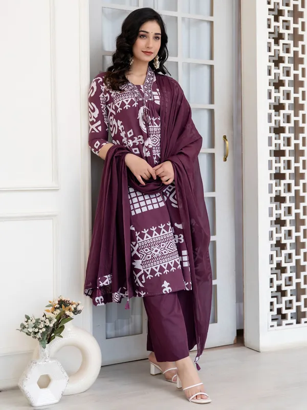 Wine cotton festive wear kurti set