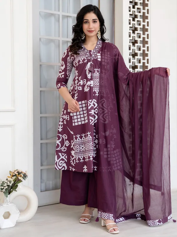 Wine cotton festive wear kurti set