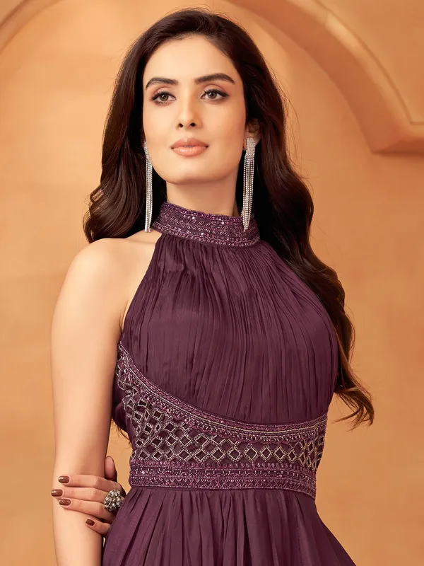 Wine silk floor length suit for party