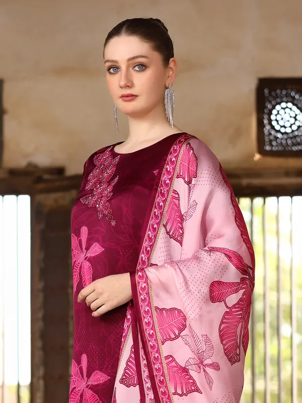 Wine silk floral printed kurti set