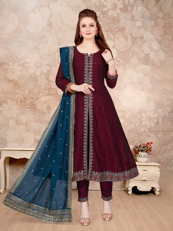 Wine silk front slit salwar suit