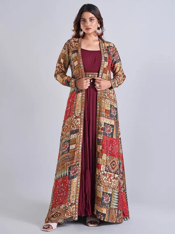 Wine silk jacket style anarkali salwar suit