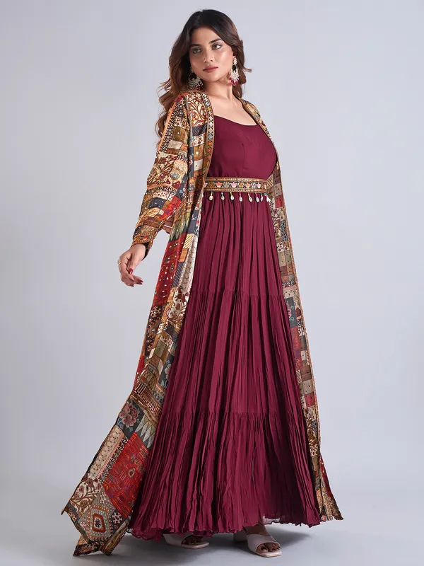 Wine silk jacket style anarkali salwar suit