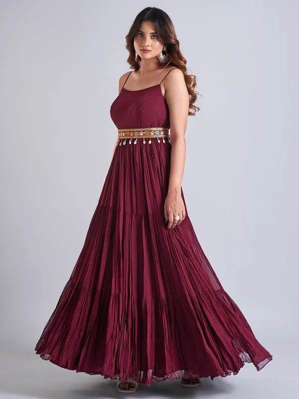 Wine silk jacket style anarkali salwar suit