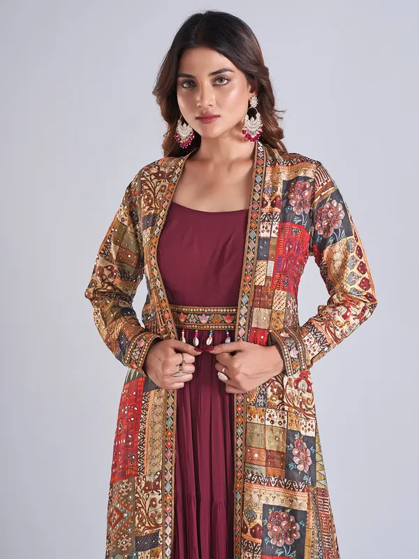 Wine silk jacket style anarkali salwar suit